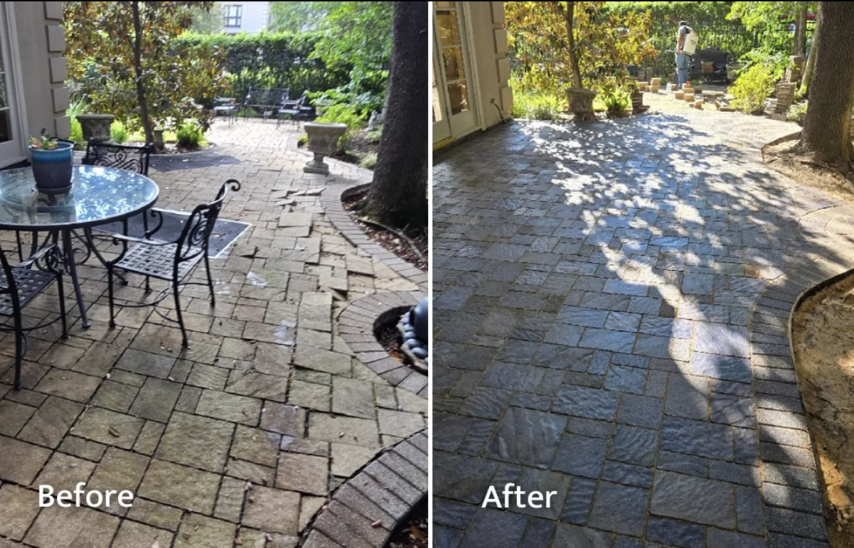 Stone paver patio with organic staining and settling beside the same patio after restoration