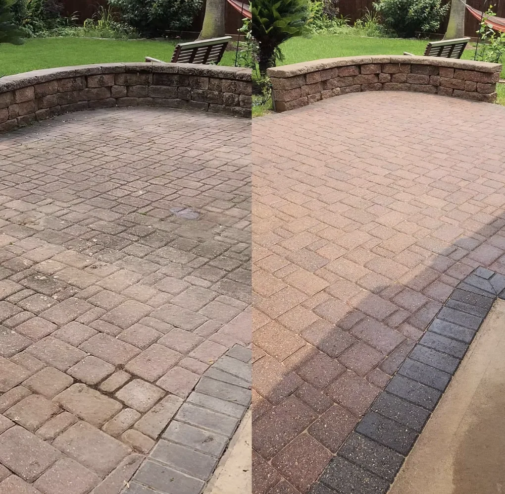 Brick paver patio with darkened, organically stained joints beside the same patio after restoration