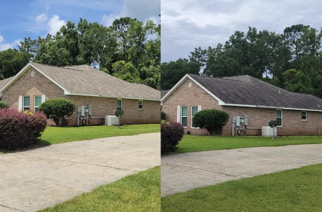 Brick home with a dark stained roof beside the same home after roof treatment