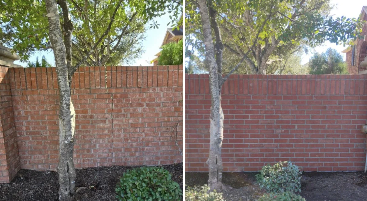 Weathered brick boundary wall beside the same wall after repair and cleaning