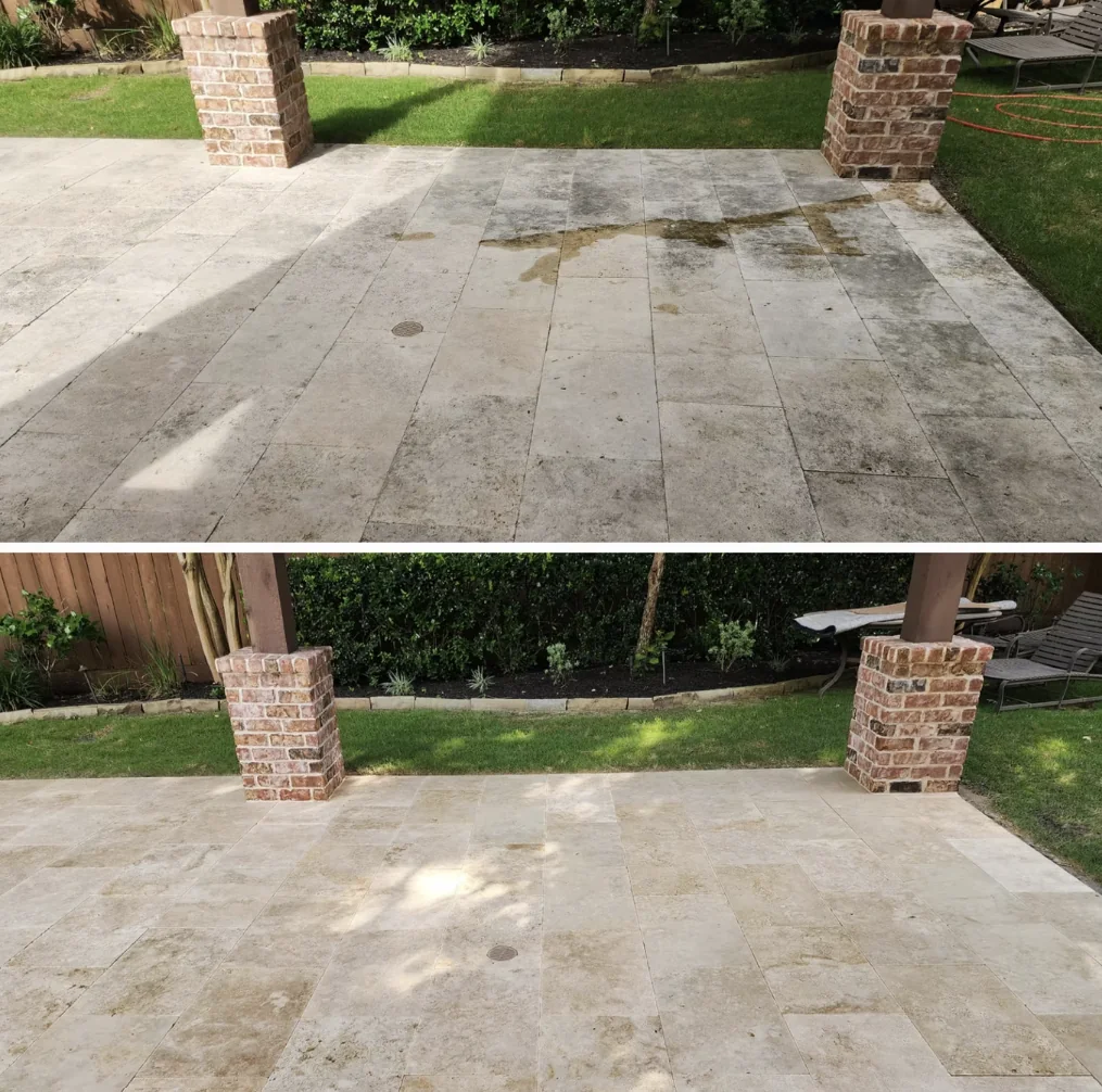 Travertine patio with dark organic staining above the same patio after restoration