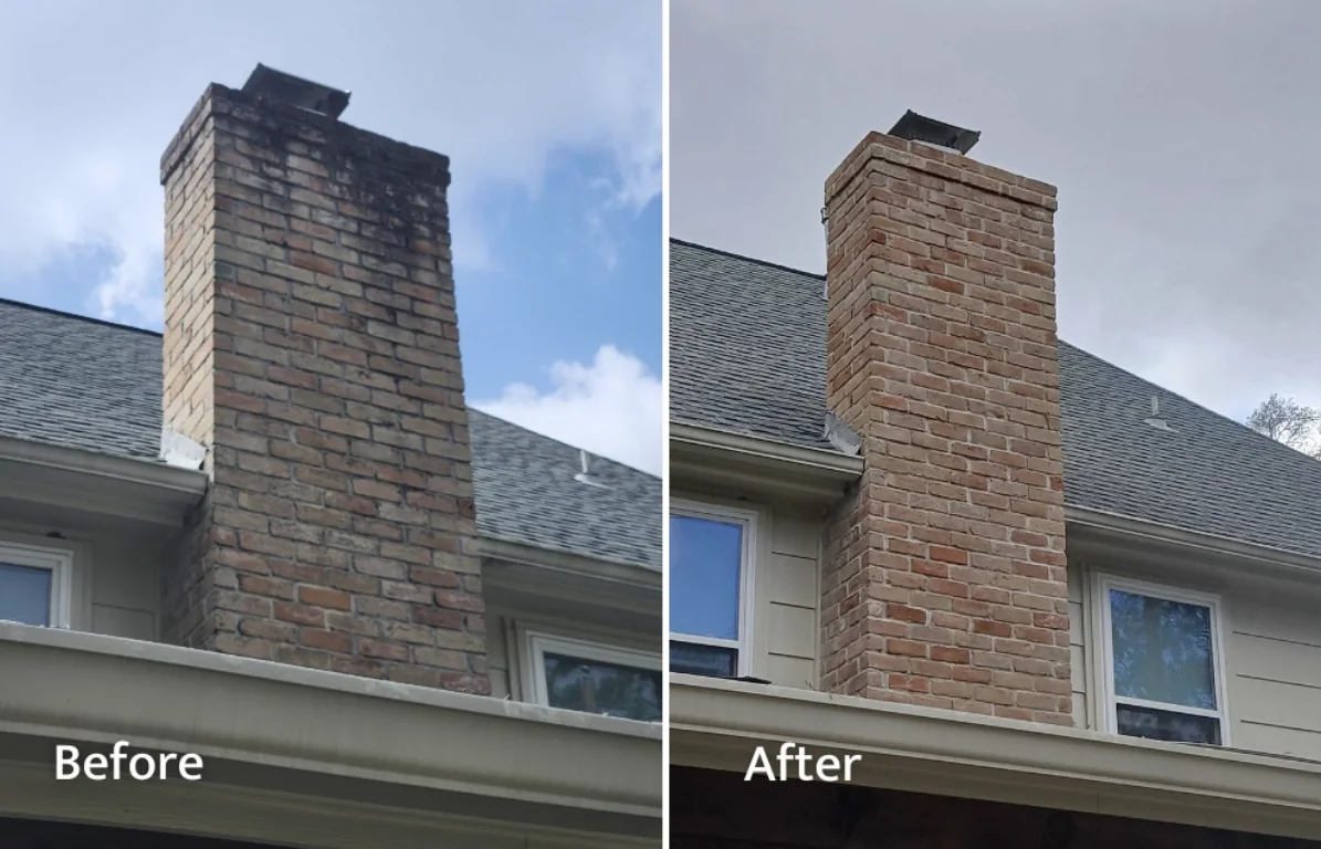 Brick chimney with dark organic staining beside the same chimney after treatment