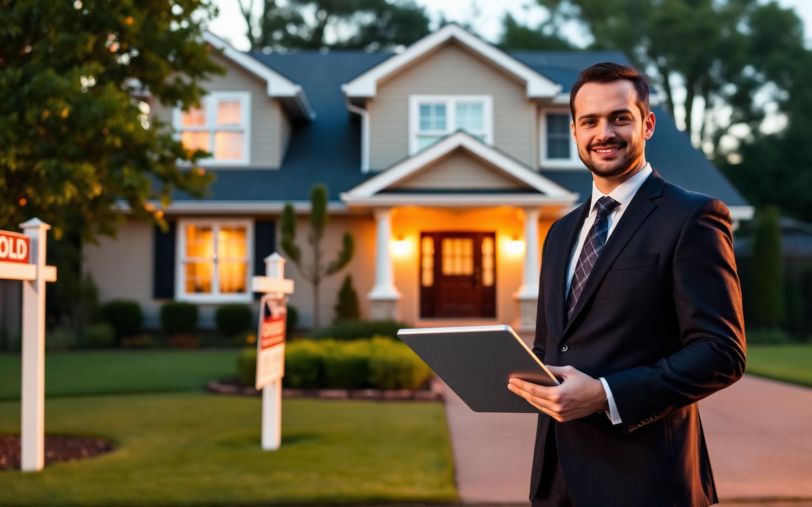 Real estate agent in front of a sold listing